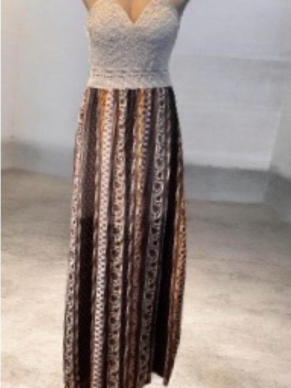 Lace Bodice Maxi Dress in Ivory and Brown